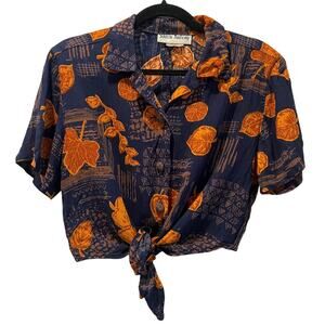 Vintage Sharon Anthony 8P Tie Front Button Crop Top Navy Orange Leaf Print Boho